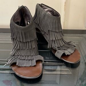 Matiko Gray Fringe Suede Wedge Ankle Sandals